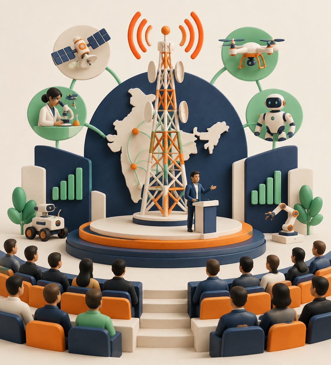 Technology summit stage featuring telecom, research, robotics and innovation exhibits